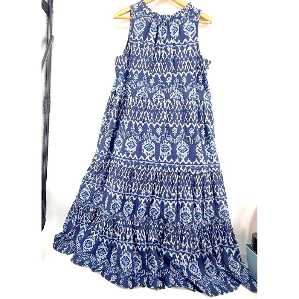 Tommy Bahama Maxi Dress Womens Large Blue Tiered Ikat Cotton Tassel Boho Lined - Picture 4 of 10